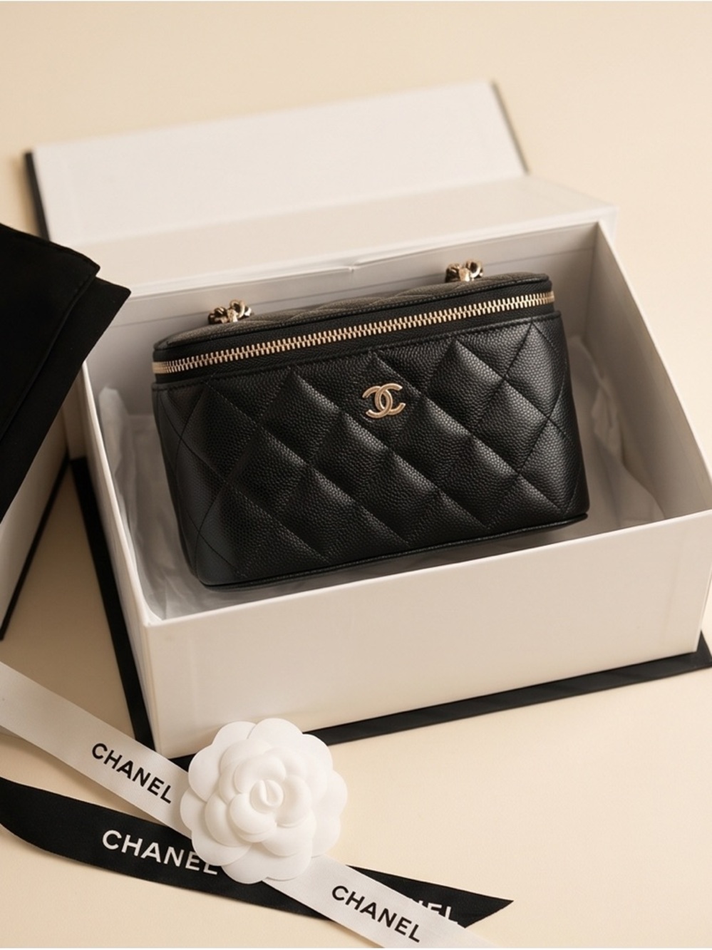 CHANEL Black Quilted Caviar Leather Vanity Crossbody with Light Gold Hardware - Picture 2 of 15
